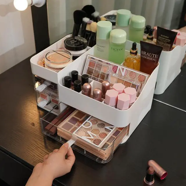 Alt view image 5 of 7 - Makeup Organizer and Storage Cosmetic Display Case With 3 Clear Drawers Skincare Organizer for Bathroom Make Up Stand for Vanity Lipsticks, Jewelry, Nail Care, Eyeshadow, Skincare