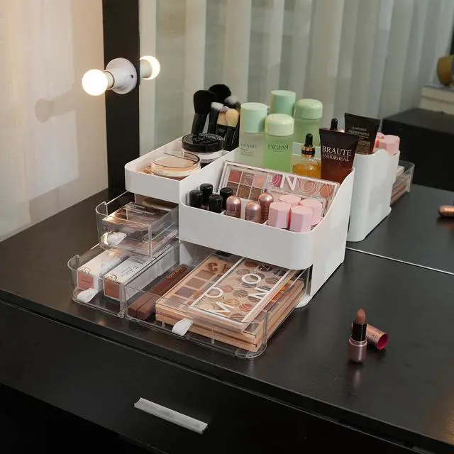 Alt view image 7 of 7 - Makeup Organizer and Storage Cosmetic Display Case With 3 Clear Drawers Skincare Organizer for Bathroom Make Up Stand for Vanity Lipsticks, Jewelry, Nail Care, Eyeshadow, Skincare