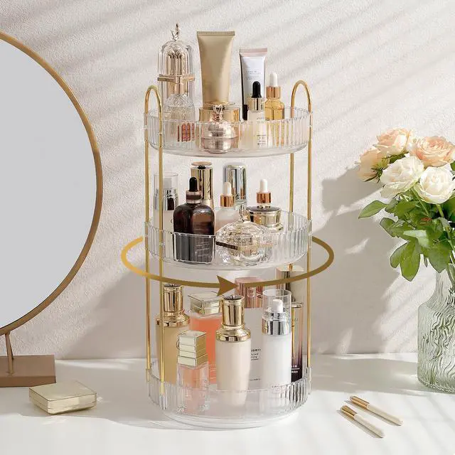 Main image of 3-Tier 360° Rotating Makeup Organizer, Clear Spinning Perfume Cosmetic Storage for Vanity Countertop, Sturdy Metal Pole Skincare Holder Stand for Bathroom Dresser, White