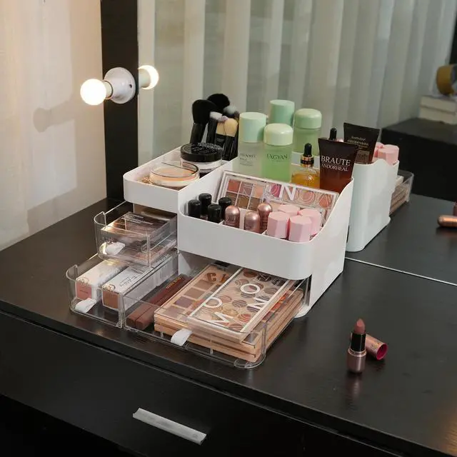 Alt view image 6 of 7 - Makeup Organizer and Storage Cosmetic Display Case With 3 Clear Drawers Skincare Organizer for Bathroom Make Up Stand for Vanity Lipsticks, Jewelry, Nail Care, Eyeshadow, Skincare