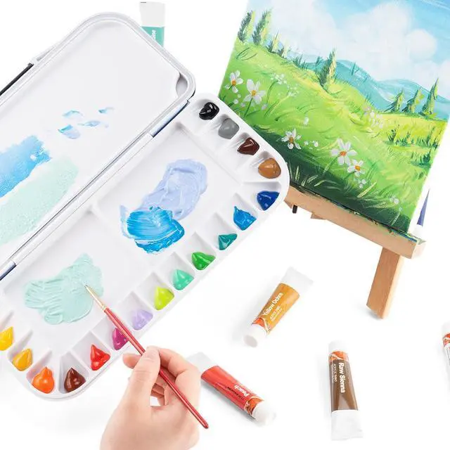 Alt view image 6 of 7 - Watercolor Palette Folding with Lid 18wells 2 Mixing Areas and 1 Large Mixing Tray Also for Gouache Acrylic Paint Palette Purple Color