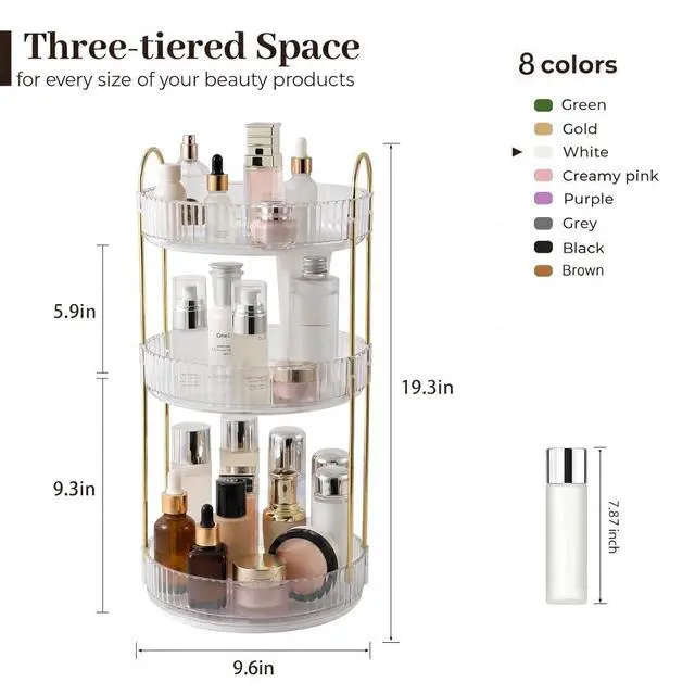 Alt view image 2 of 7 - 3-Tier 360° Rotating Makeup Organizer, Clear Spinning Perfume Cosmetic Storage for Vanity Countertop, Sturdy Metal Pole Skincare Holder Stand for Bathroom Dresser, White