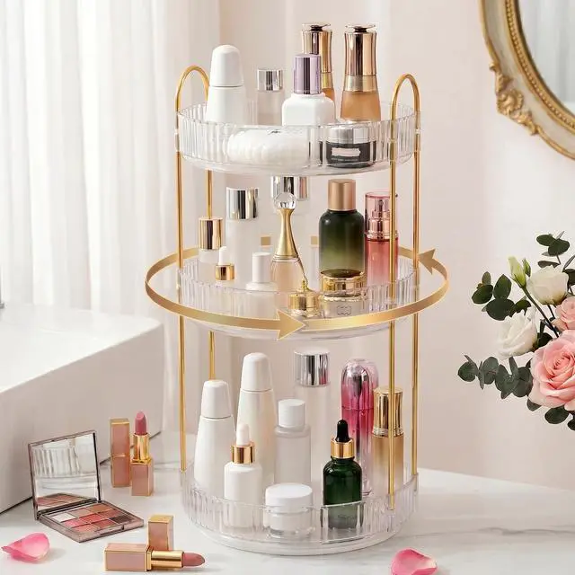 Alt view image 3 of 7 - 3-Tier 360° Rotating Makeup Organizer, Clear Spinning Perfume Cosmetic Storage for Vanity Countertop, Sturdy Metal Pole Skincare Holder Stand for Bathroom Dresser, White