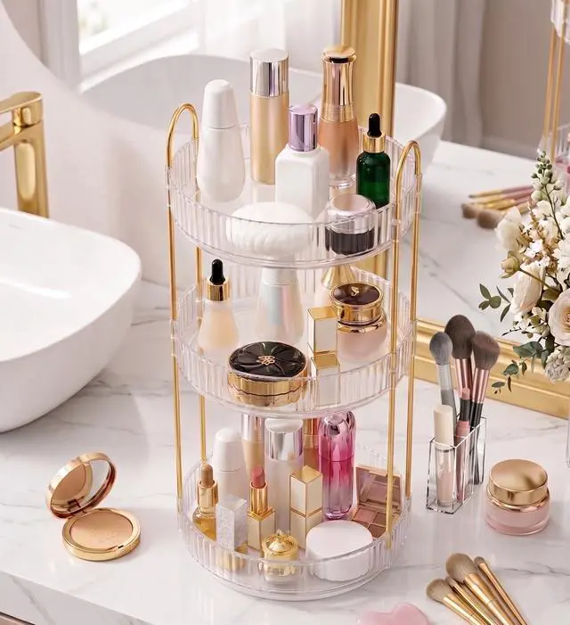Alt view image 4 of 7 - 3-Tier 360° Rotating Makeup Organizer, Clear Spinning Perfume Cosmetic Storage for Vanity Countertop, Sturdy Metal Pole Skincare Holder Stand for Bathroom Dresser, White