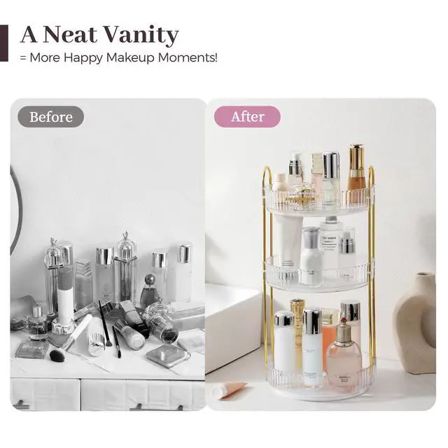 Alt view image 5 of 7 - 3-Tier 360° Rotating Makeup Organizer, Clear Spinning Perfume Cosmetic Storage for Vanity Countertop, Sturdy Metal Pole Skincare Holder Stand for Bathroom Dresser, White