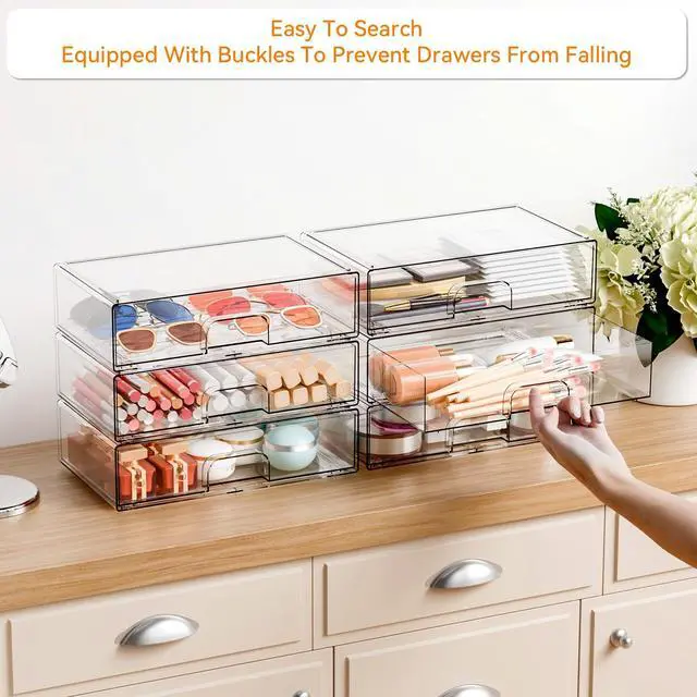 Alt view image 2 of 7 - 2 Pack Acrylic Drawer Organizer,12.2''W Clear Stackable Storage Drawers,Acrylic Boxes for Storage Makeup Palettes,Cosmetics,Pull Out Bathroom Storage Bins for Hair Products,Medicine Cabinet Organizer