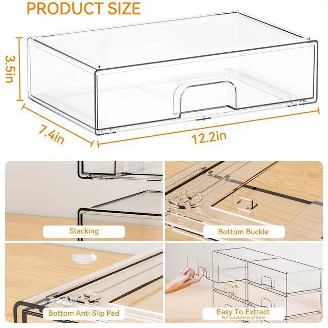 Alt view image 3 of 7 - 2 Pack Acrylic Drawer Organizer,12.2''W Clear Stackable Storage Drawers,Acrylic Boxes for Storage Makeup Palettes,Cosmetics,Pull Out Bathroom Storage Bins for Hair Products,Medicine Cabinet Organizer