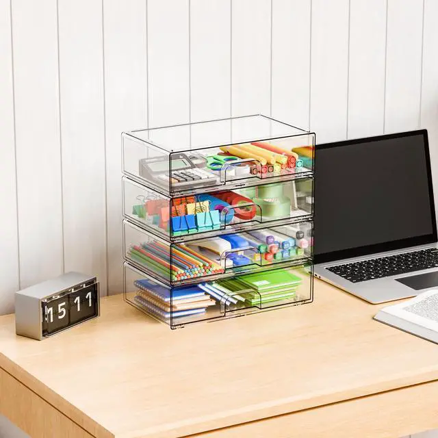 Alt view image 4 of 7 - 2 Pack Acrylic Drawer Organizer,12.2''W Clear Stackable Storage Drawers,Acrylic Boxes for Storage Makeup Palettes,Cosmetics,Pull Out Bathroom Storage Bins for Hair Products,Medicine Cabinet Organizer