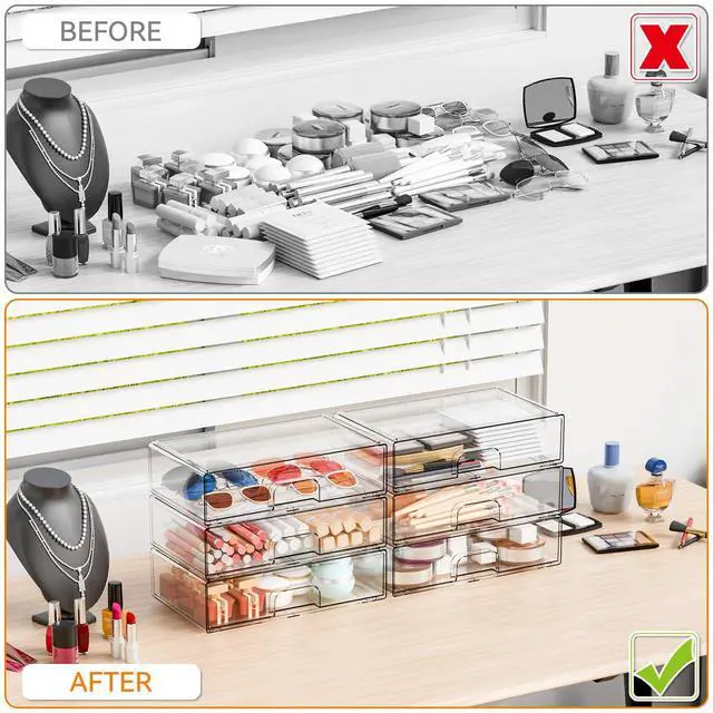 Alt view image 5 of 7 - 2 Pack Acrylic Drawer Organizer,12.2''W Clear Stackable Storage Drawers,Acrylic Boxes for Storage Makeup Palettes,Cosmetics,Pull Out Bathroom Storage Bins for Hair Products,Medicine Cabinet Organizer