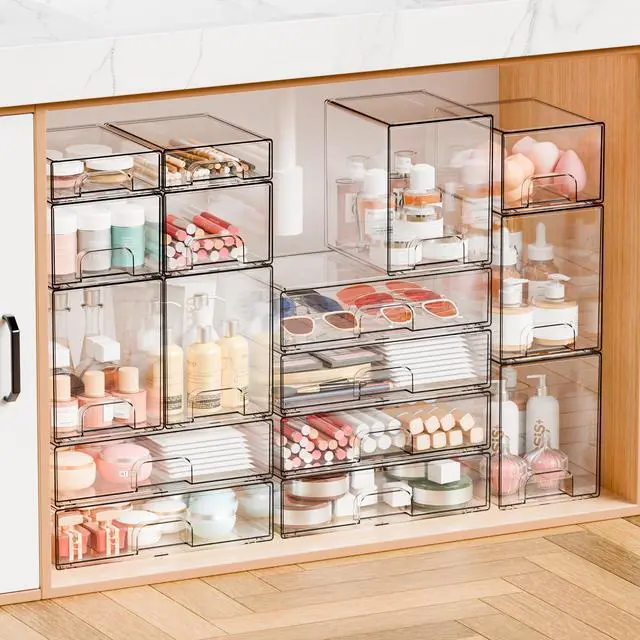 Alt view image 6 of 7 - 2 Pack Acrylic Drawer Organizer,12.2''W Clear Stackable Storage Drawers,Acrylic Boxes for Storage Makeup Palettes,Cosmetics,Pull Out Bathroom Storage Bins for Hair Products,Medicine Cabinet Organizer