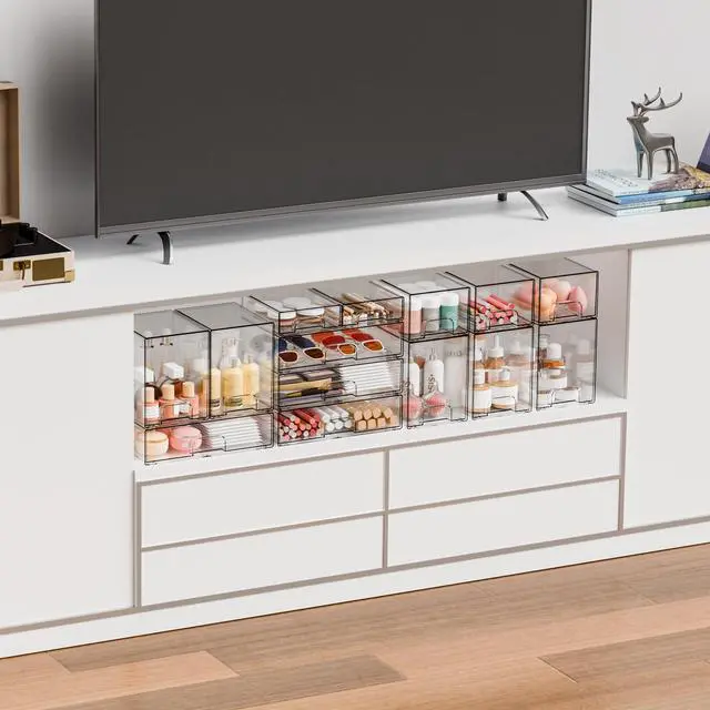 Alt view image 7 of 7 - 2 Pack Acrylic Drawer Organizer,12.2''W Clear Stackable Storage Drawers,Acrylic Boxes for Storage Makeup Palettes,Cosmetics,Pull Out Bathroom Storage Bins for Hair Products,Medicine Cabinet Organizer