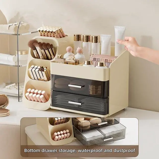 Alt view image 5 of 7 - Large Makeup Organizer with Brush Holder, Spacious Cosmetics Display Case with Drawers for Vanity, Skin Care Storage Solution for Lipstick Beauty Essential Bathroom Countertop