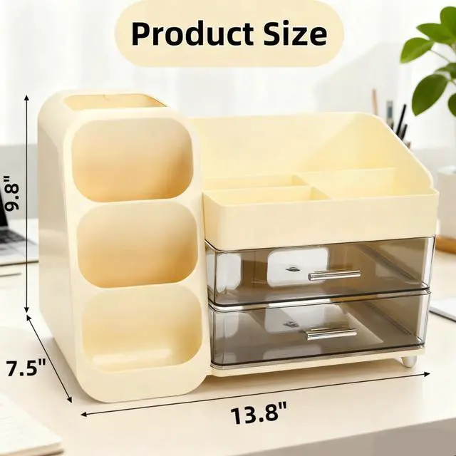 Alt view image 2 of 7 - Large Makeup Organizer with Brush Holder, Spacious Cosmetics Display Case with Drawers for Vanity, Skin Care Storage Solution for Lipstick Beauty Essential Bathroom Countertop
