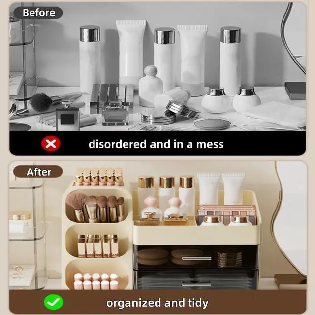 Alt view image 4 of 7 - Large Makeup Organizer with Brush Holder, Spacious Cosmetics Display Case with Drawers for Vanity, Skin Care Storage Solution for Lipstick Beauty Essential Bathroom Countertop