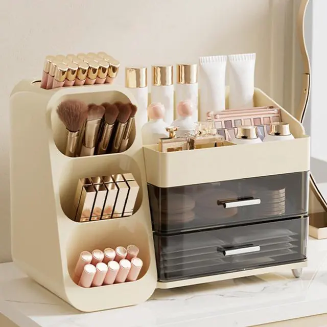 Alt view image 7 of 7 - Large Makeup Organizer with Brush Holder, Spacious Cosmetics Display Case with Drawers for Vanity, Skin Care Storage Solution for Lipstick Beauty Essential Bathroom Countertop