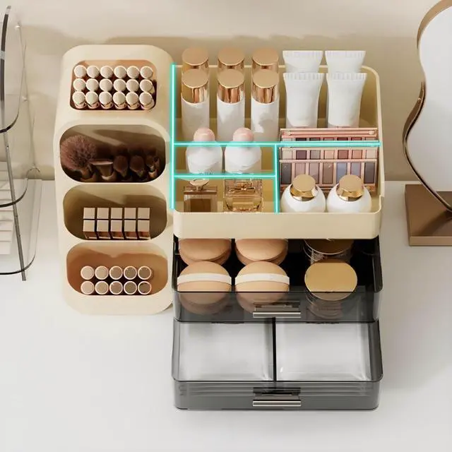 Alt view image 6 of 7 - Large Makeup Organizer with Brush Holder, Spacious Cosmetics Display Case with Drawers for Vanity, Skin Care Storage Solution for Lipstick Beauty Essential Bathroom Countertop