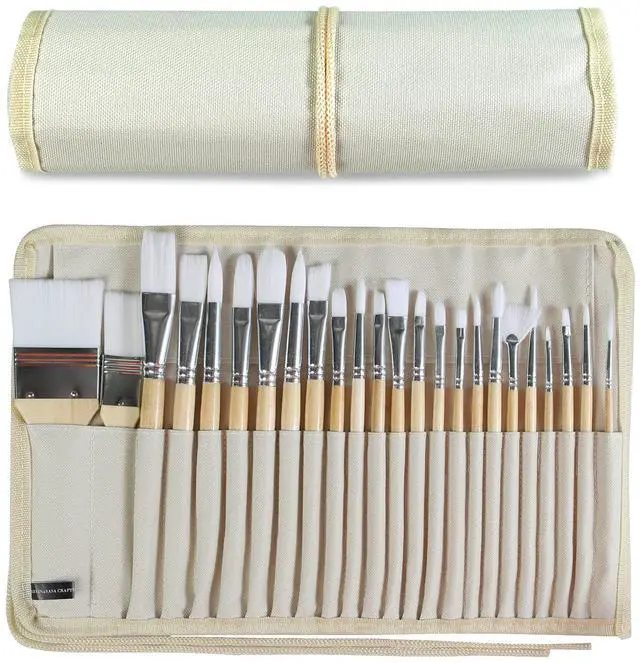 Main image of Paint Brushes Set of 24 Pieces Wooden Handles Brushes with Canvas Brush Case, Professional for Oil, Acrylic and Watercolor Painting