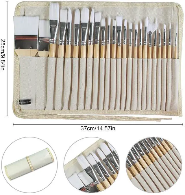 Alt view image 4 of 6 - Paint Brushes Set of 24 Pieces Wooden Handles Brushes with Canvas Brush Case, Professional for Oil, Acrylic and Watercolor Painting