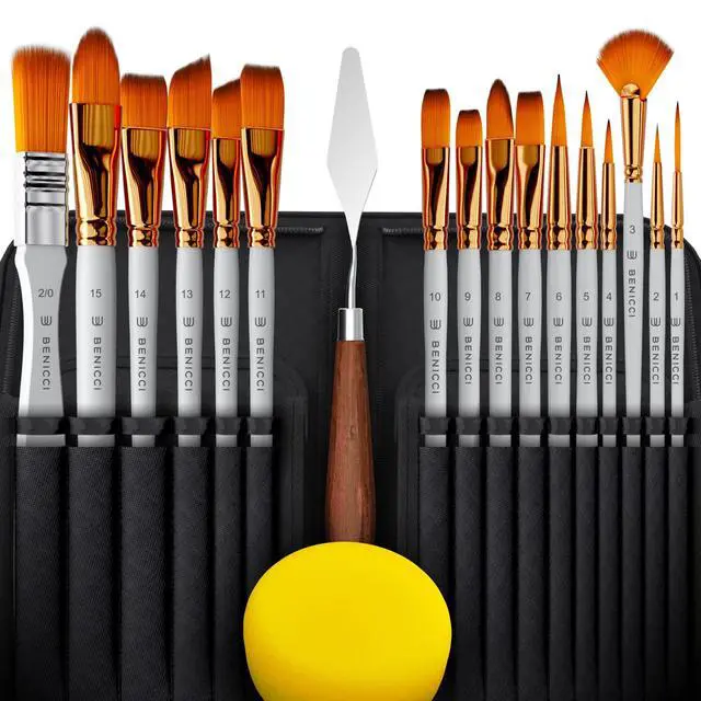 Alt view image 2 of 7 - Artist Paint Brush Set of 16 - Includes Spatula Palette Knife, Sponge & Organizing Case - Premium Paint Brushes for Acrylic Painting, Watercolor, Oil - Perfect for Kids, Adults or Professionals