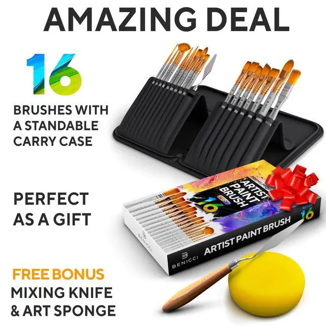Alt view image 3 of 7 - Artist Paint Brush Set of 16 - Includes Spatula Palette Knife, Sponge & Organizing Case - Premium Paint Brushes for Acrylic Painting, Watercolor, Oil - Perfect for Kids, Adults or Professionals