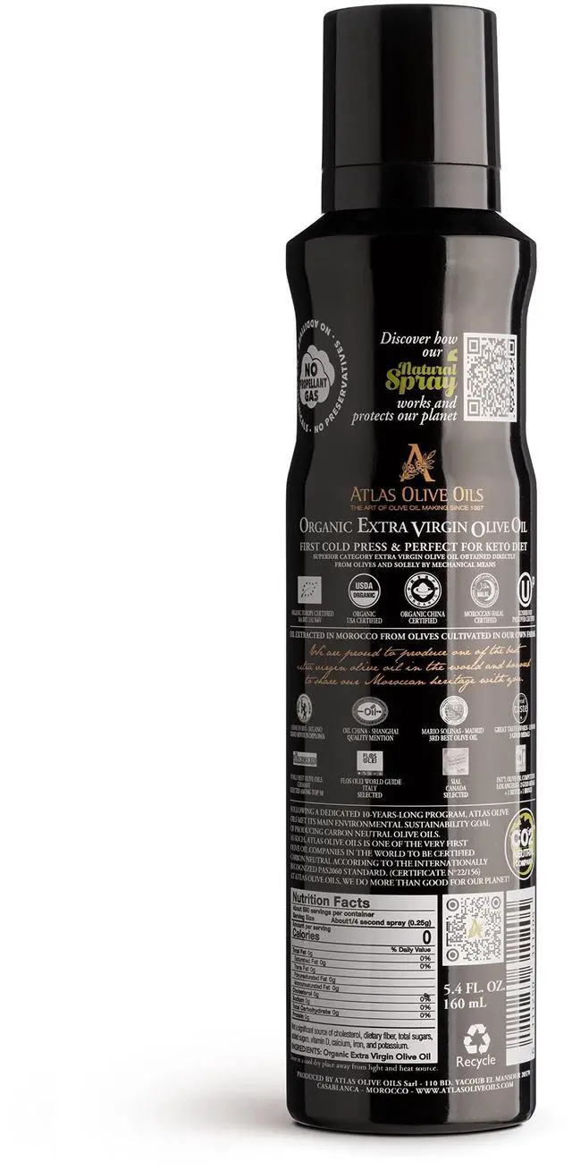 Alt view image 2 of 7 - Olive Oil Spray by Atlas, Dual Function Olive Oil Cooking Spray and Stream, 5.4 fl oz, Extra Virgin, Non Stick, Cold Pressed, Polyphenol Rich, Organic Moroccan EVOO, Hydroxytyrosol, Keto