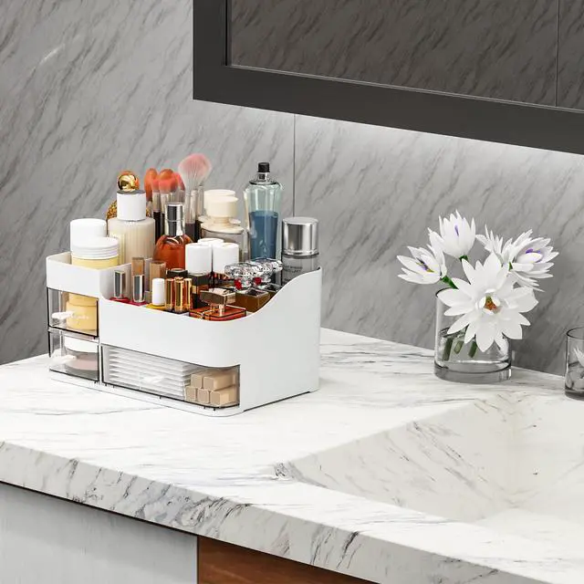Alt view image 5 of 5 - White Make up Organizers for Vanity,Large Plastic Bathroom Counter Organizer With Drawers,Skincare Organizers and Cosmetic Storage for Dresser Top Skin Care,Beauty Products and Brush Holder