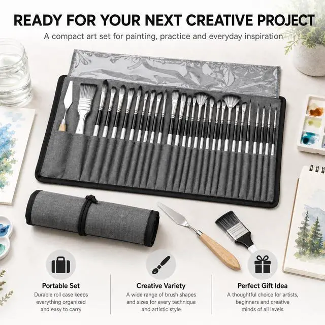Alt view image 2 of 7 - 24Pcs Multi-Shape Paint Brushes Set for Acrylic, Oil, Watercolor & Gouache with Palette Knife and Waterproof Canvas Roll, Synthetic Bristles Art Supplies for Artists & Beginners