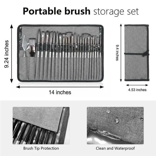 Alt view image 3 of 7 - 24Pcs Multi-Shape Paint Brushes Set for Acrylic, Oil, Watercolor & Gouache with Palette Knife and Waterproof Canvas Roll, Synthetic Bristles Art Supplies for Artists & Beginners