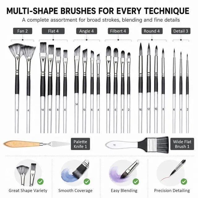 Alt view image 4 of 7 - 24Pcs Multi-Shape Paint Brushes Set for Acrylic, Oil, Watercolor & Gouache with Palette Knife and Waterproof Canvas Roll, Synthetic Bristles Art Supplies for Artists & Beginners