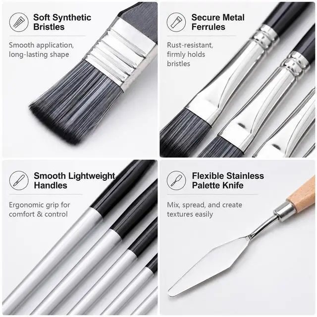 Alt view image 6 of 7 - 24Pcs Multi-Shape Paint Brushes Set for Acrylic, Oil, Watercolor & Gouache with Palette Knife and Waterproof Canvas Roll, Synthetic Bristles Art Supplies for Artists & Beginners