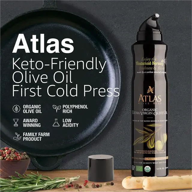 Alt view image 5 of 7 - Olive Oil Spray by Atlas, Dual Function Olive Oil Cooking Spray and Stream, 5.4 fl oz, Extra Virgin, Non Stick, Cold Pressed, Polyphenol Rich, Organic Moroccan EVOO, Hydroxytyrosol, Keto