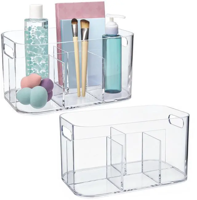 Main image of Bliss 5-Compartment Plastic Cosmetics Storage Organizer, Set of 2 | Clear | Rectangular Divided Makeup Bin & Vanity Caddy with Pass-Through Handles | Round Corner Design | Made in USA