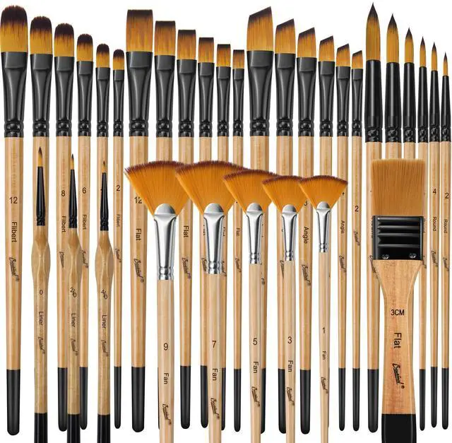 Main image of 33 Pcs Paint Brush Set, Artist Paint Brushes for Acrylic Painting, Oil, Watercolor, Gouache, with Flat Round Filbert Fan Angle Detail Brush, Suitable for Artists and Beginners