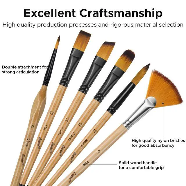 Alt view image 4 of 6 - 33 Pcs Paint Brush Set, Artist Paint Brushes for Acrylic Painting, Oil, Watercolor, Gouache, with Flat Round Filbert Fan Angle Detail Brush, Suitable for Artists and Beginners