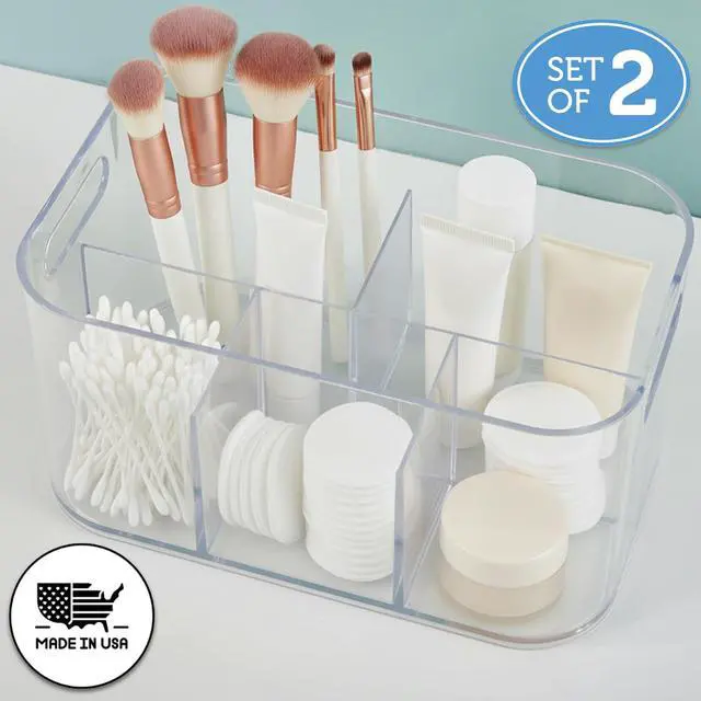 Alt view image 2 of 7 - Bliss 5-Compartment Plastic Cosmetics Storage Organizer, Set of 2 | Clear | Rectangular Divided Makeup Bin & Vanity Caddy with Pass-Through Handles | Round Corner Design | Made in USA