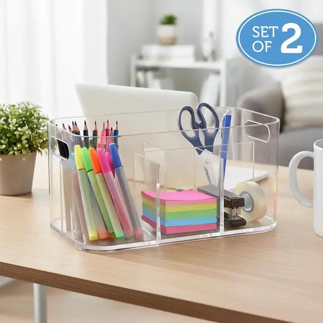 Alt view image 4 of 7 - Bliss 5-Compartment Plastic Cosmetics Storage Organizer, Set of 2 | Clear | Rectangular Divided Makeup Bin & Vanity Caddy with Pass-Through Handles | Round Corner Design | Made in USA