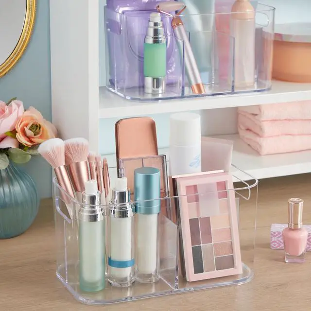 Alt view image 6 of 7 - Bliss 5-Compartment Plastic Cosmetics Storage Organizer, Set of 2 | Clear | Rectangular Divided Makeup Bin & Vanity Caddy with Pass-Through Handles | Round Corner Design | Made in USA