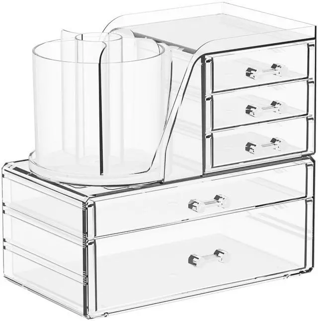 Main image of Clear Acrylic Makeup Organizers for Vanity,Countertop,3 Pack Make up Drawer Organizer With Makeup Brush Holder,Plastic Skincare Organizers for Hair Accessories,Beauty,Hair Products,Bathroom,Dresser