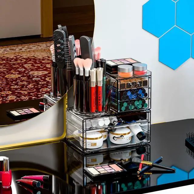 Alt view image 2 of 7 - Clear Acrylic Makeup Organizers for Vanity,Countertop,3 Pack Make up Drawer Organizer With Makeup Brush Holder,Plastic Skincare Organizers for Hair Accessories,Beauty,Hair Products,Bathroom,Dresser
