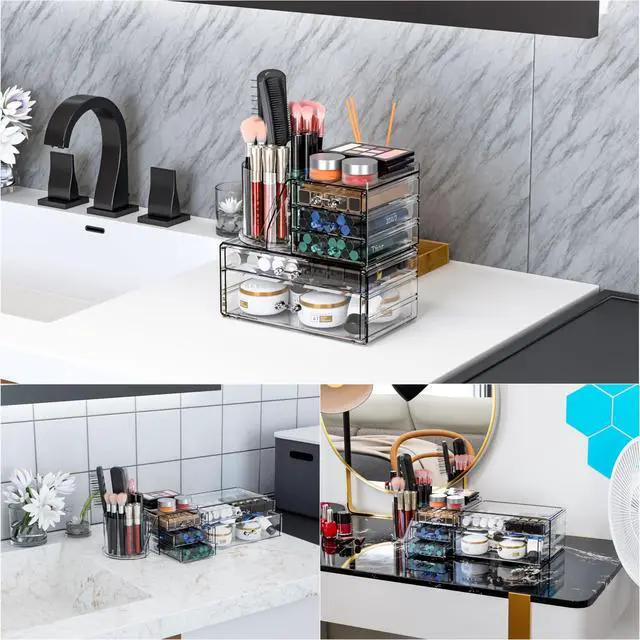 Alt view image 6 of 7 - Clear Acrylic Makeup Organizers for Vanity,Countertop,3 Pack Make up Drawer Organizer With Makeup Brush Holder,Plastic Skincare Organizers for Hair Accessories,Beauty,Hair Products,Bathroom,Dresser