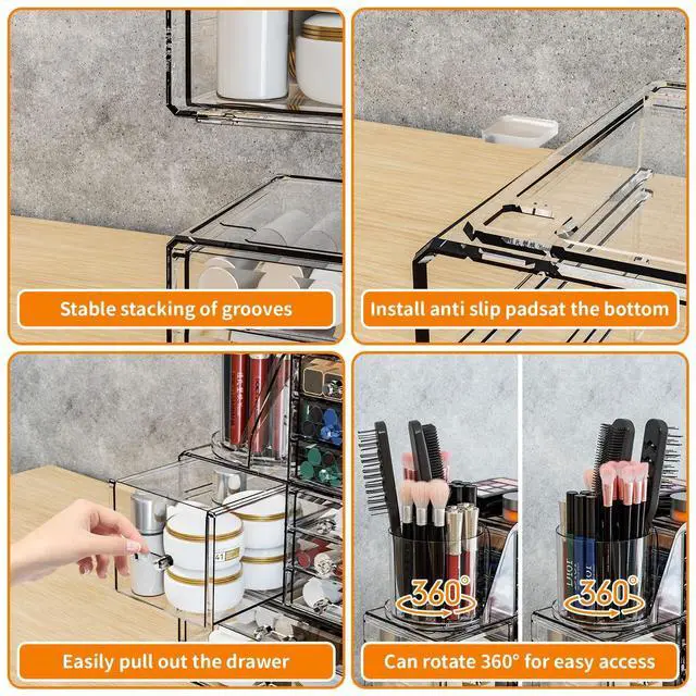 Alt view image 7 of 7 - Clear Acrylic Makeup Organizers for Vanity,Countertop,3 Pack Make up Drawer Organizer With Makeup Brush Holder,Plastic Skincare Organizers for Hair Accessories,Beauty,Hair Products,Bathroom,Dresser