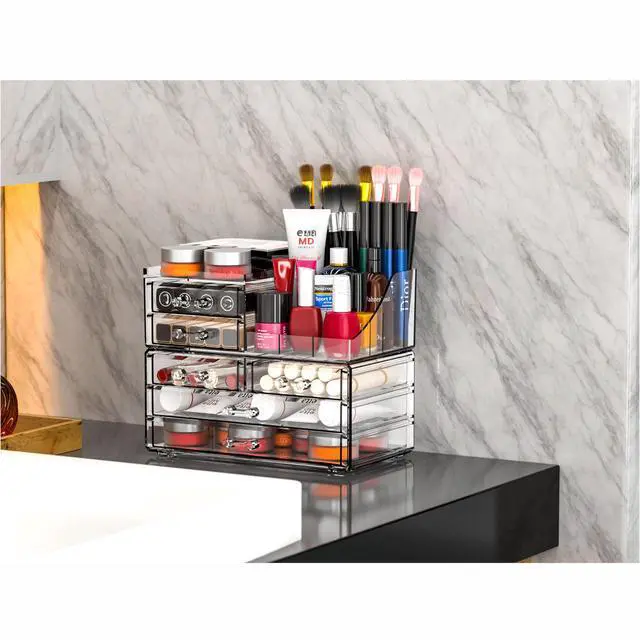 Alt view image 5 of 7 - Make Up Organizers for Vanity With 6 Drawers, 2 Pack Clear Drawer Organizers,Plastic Cute Desk Accessories Organization and Bathroom Organizers Storage Case Box Cube for Beauty,Skin Care