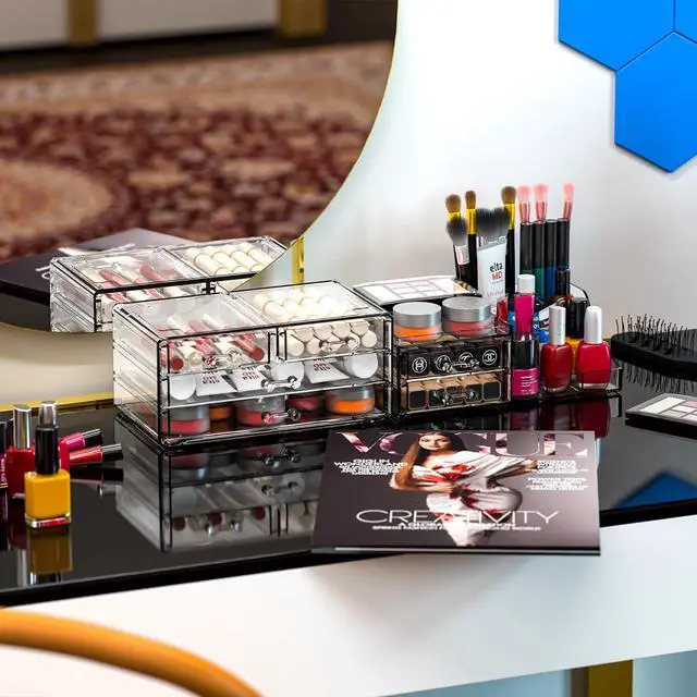 Alt view image 7 of 7 - Make Up Organizers for Vanity With 6 Drawers, 2 Pack Clear Drawer Organizers,Plastic Cute Desk Accessories Organization and Bathroom Organizers Storage Case Box Cube for Beauty,Skin Care