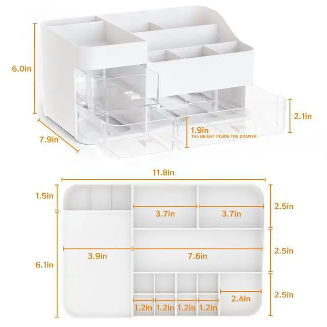 Alt view image 2 of 5 - White Make up Organizers for Vanity,Large Plastic Bathroom Counter Organizer With Drawers,Skincare Organizers and Cosmetic Storage for Dresser Top Skin Care,Beauty Products and Brush Holder
