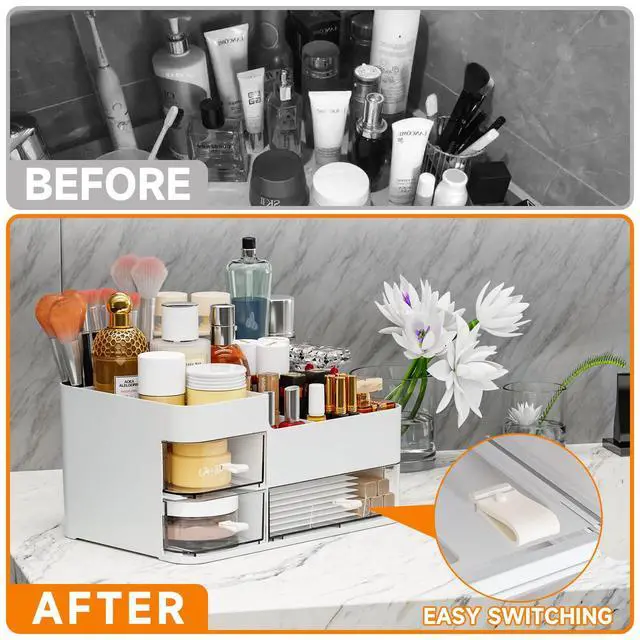 Alt view image 3 of 5 - White Make up Organizers for Vanity,Large Plastic Bathroom Counter Organizer With Drawers,Skincare Organizers and Cosmetic Storage for Dresser Top Skin Care,Beauty Products and Brush Holder