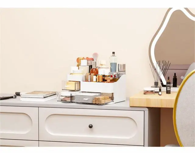Alt view image 6 of 7 - White Makeup Organizer With Drawers,Large Skincare Organizers for Countertop,Desk,Dresser,Plastic Bathroom Counter Organizer for Brush,Palettes,Perfume,Beauty Products Organization,Skin Care Storage