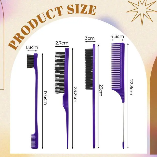Alt view image 2 of 7 - Bristle Slick Back Hair Brush Set Smoothing Brush for Smooth Flyaways, Frizz, Sleek Ponytail, Buns and Edge Hair Control, Teasing Gel Comb Styling Accessories for Women(Purple)