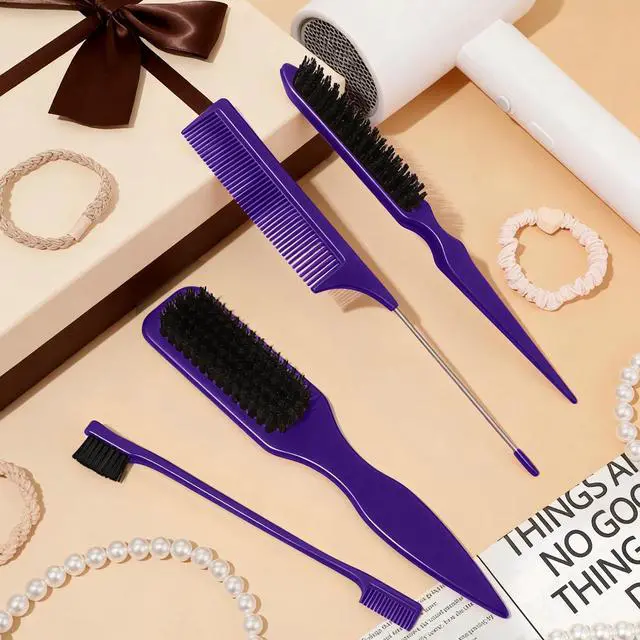 Alt view image 7 of 7 - Bristle Slick Back Hair Brush Set Smoothing Brush for Smooth Flyaways, Frizz, Sleek Ponytail, Buns and Edge Hair Control, Teasing Gel Comb Styling Accessories for Women(Purple)
