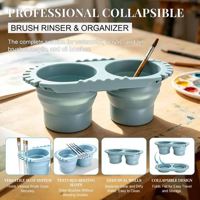 Alt view image 3 of 6 - Paint Brush Cleaner Foldable Silicone Cleaning Container 8.8x4.2in, Brush Washing Station for Acrylic Oil Watercolor Painting, Artist Cleaner Tool for Students & Artists, Gift, Blue