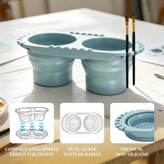 Alt view image 4 of 6 - Paint Brush Cleaner Foldable Silicone Cleaning Container 8.8x4.2in, Brush Washing Station for Acrylic Oil Watercolor Painting, Artist Cleaner Tool for Students & Artists, Gift, Blue